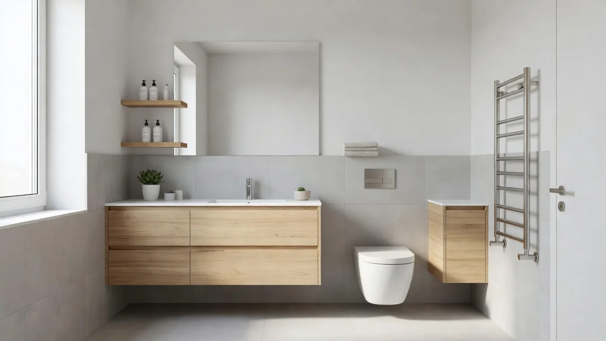 Petite salle de bain moderne et bien aménagée avec rangements suspendus et carreaux clairs