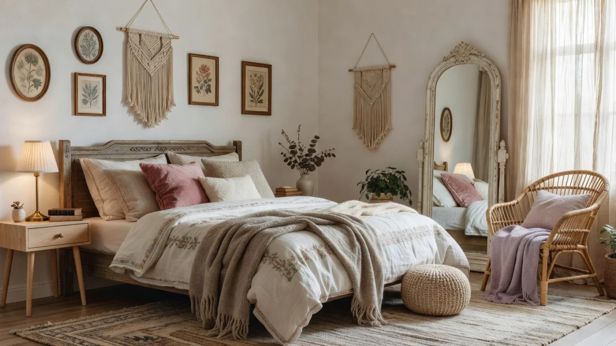 Chambre adulte décorée avec style, tête de lit tapissée et textiles chaleureux