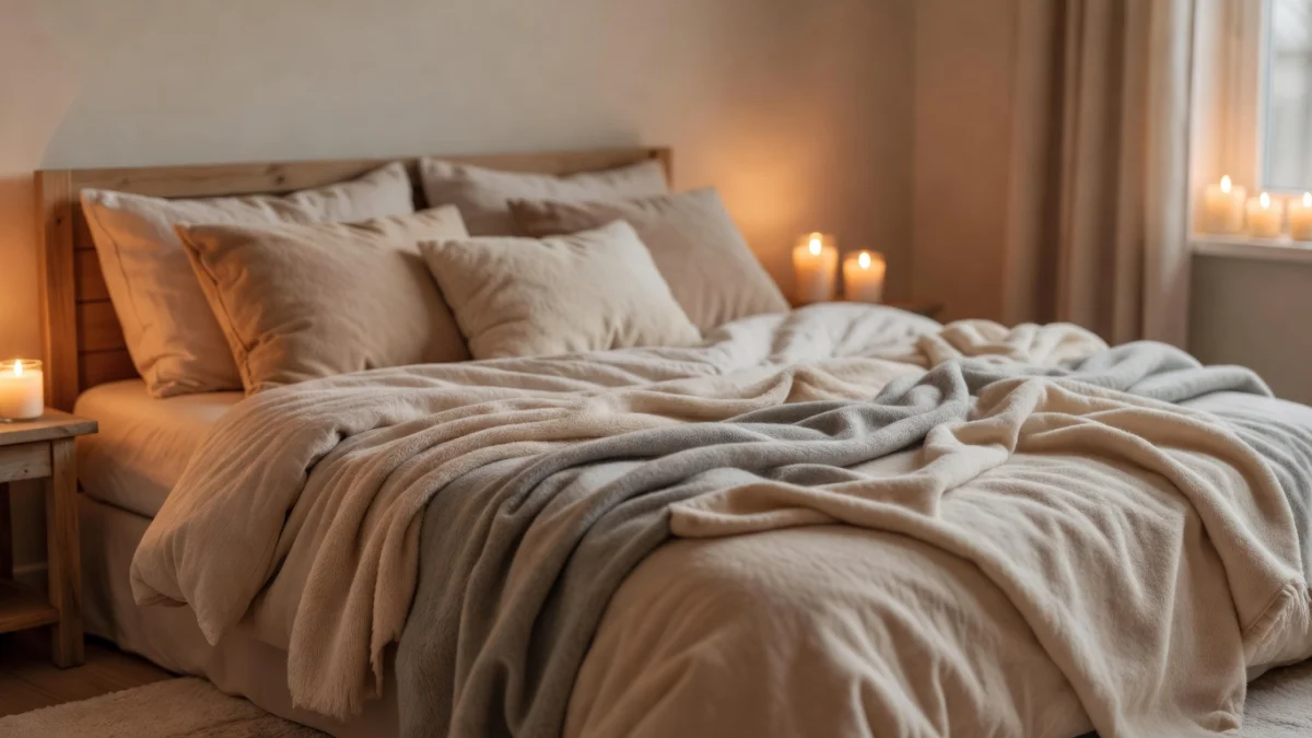 Chambre cocooning douillette avec textiles doux, bougies et éclairage tamisé