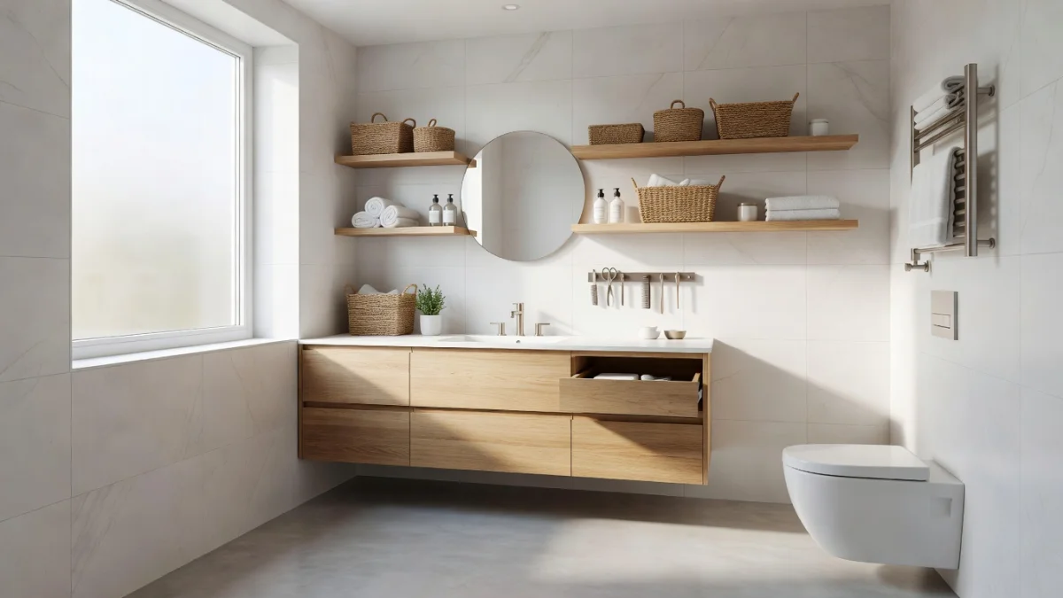Salle de bains bien organisée avec étagères flottantes et rangements astucieux