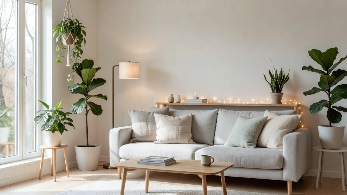 Salon lumineux et épuré avec coussins colorés, plantes vertes et miroir mural après relooking décoratif