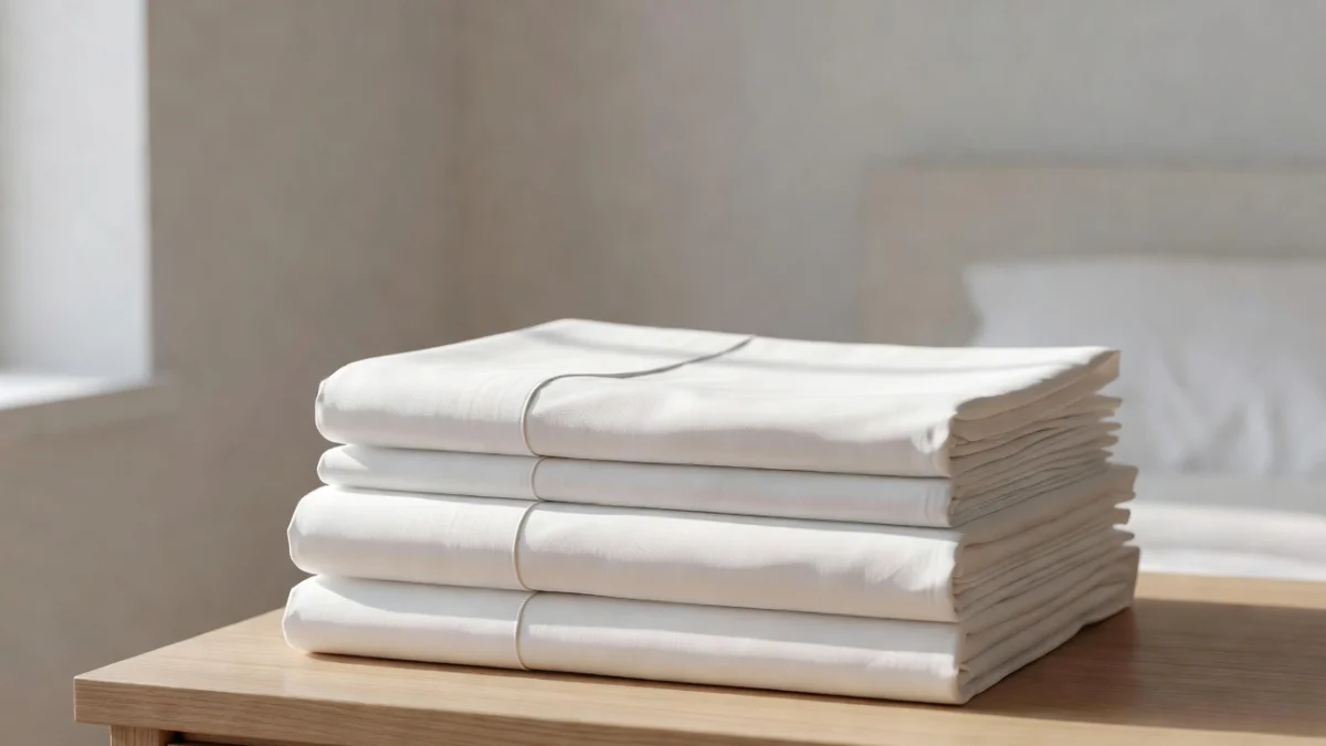 Linge de maison soigneusement plié sur un lit, draps blancs en coton percale et serviettes de bain moelleuses