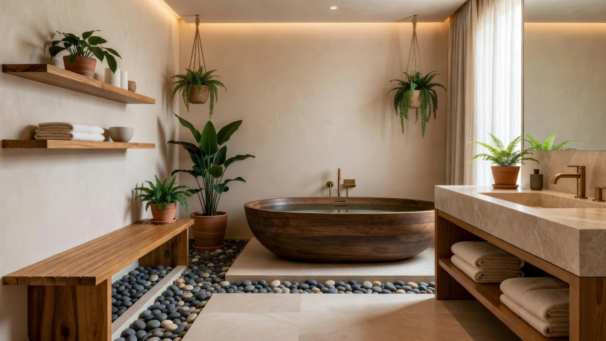 Salle de bain zen avec plantes vertes, bois naturel et tons beiges apaisants