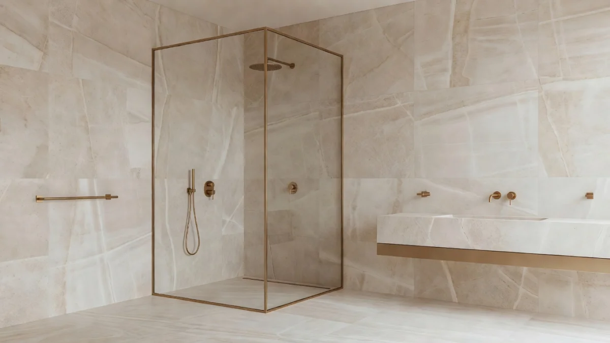 Salle de bains moderne avec matériaux naturels, douche italienne et mobilier suspendu en 2024
