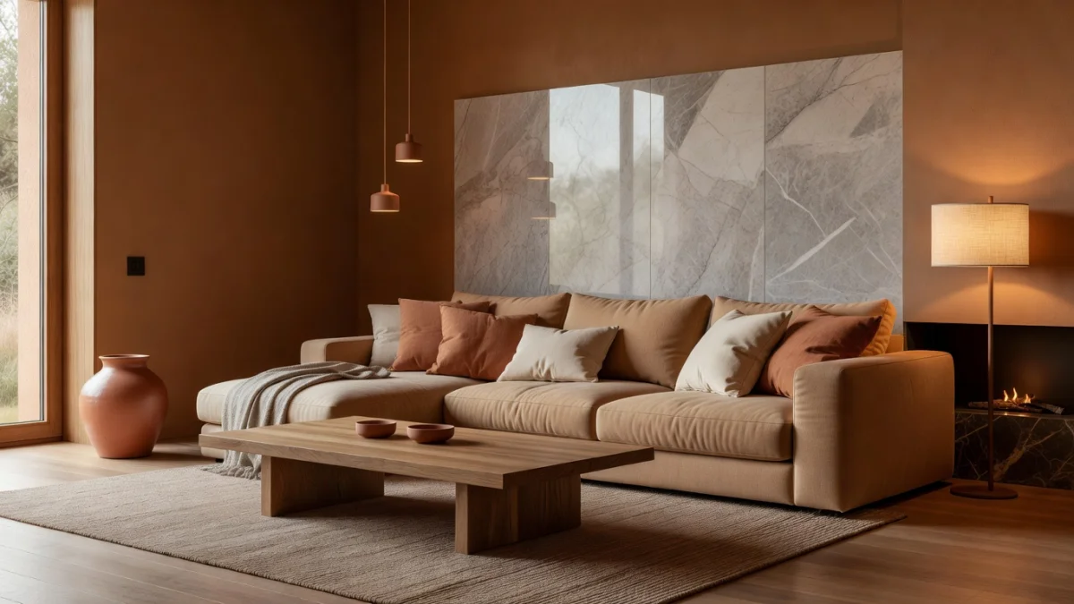 Salon moderne avec décoration tendance : couleurs terreuses, matériaux naturels et mobilier vintage revisité