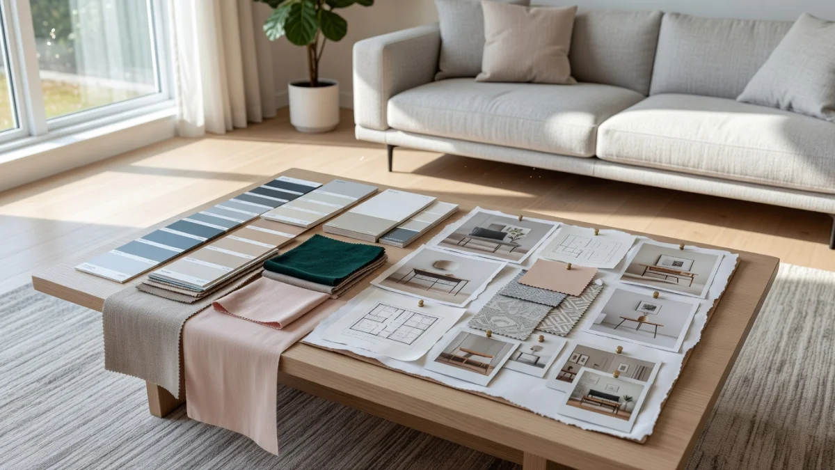 Décoration intérieure moderne avec canapé, plantes et palette de couleurs harmonieuses