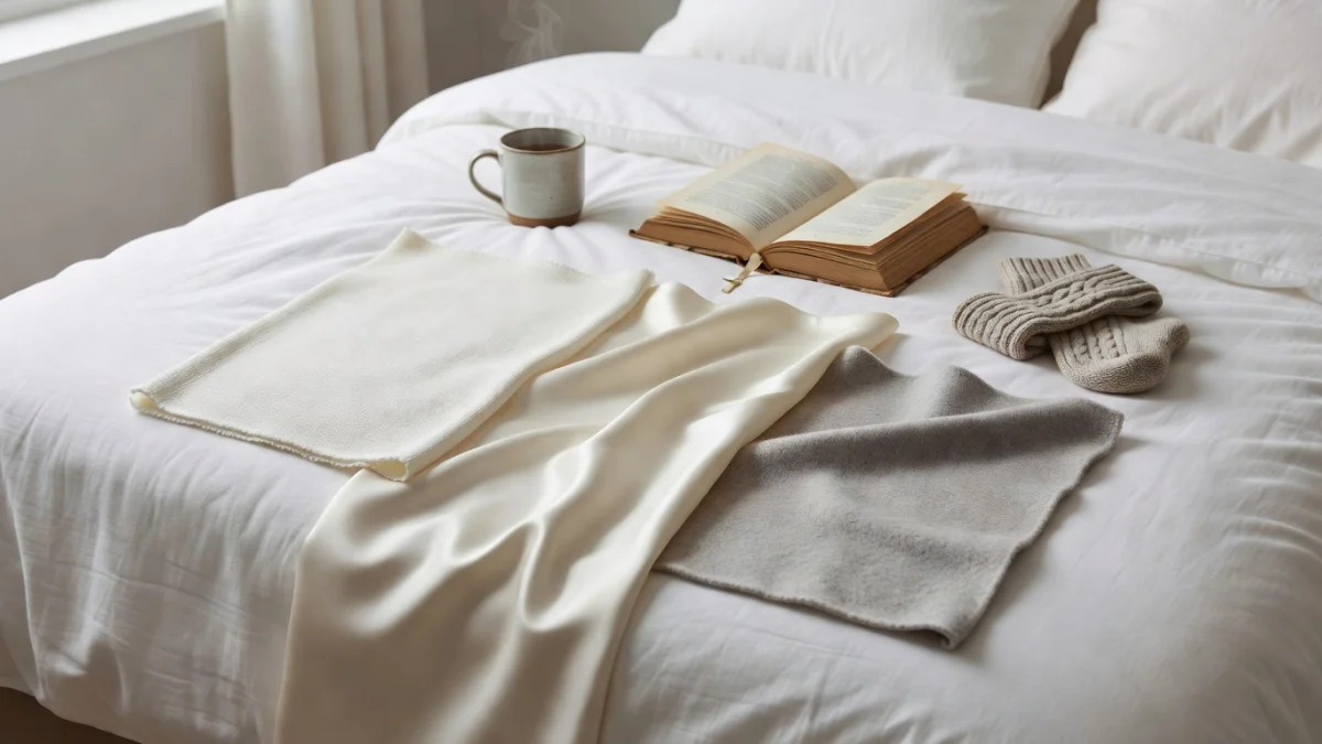 Différents types de linge de lit : percale, satin et flanelle disposés sur un lit