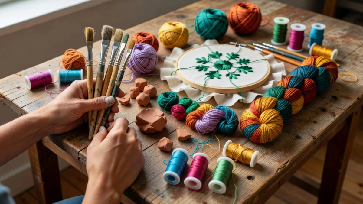 Différents matériaux de loisirs créatifs pour débutants : pinceaux, fils, papiers colorés et argile disposés sur une table en bois