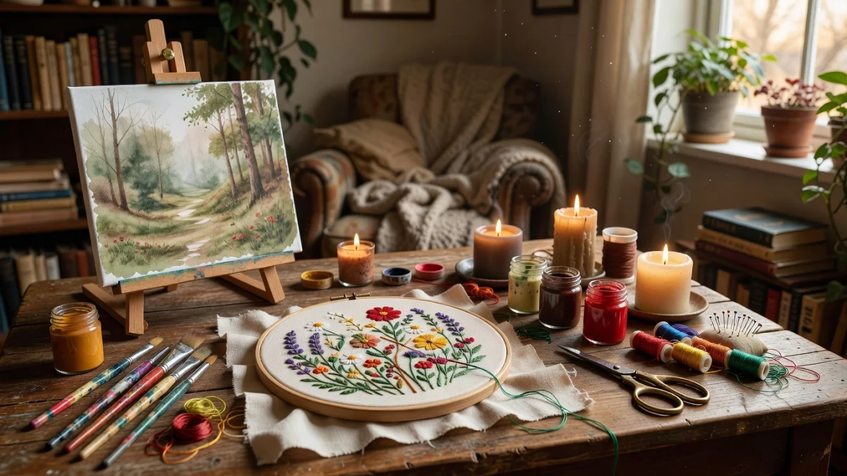 Matériel de loisirs créatifs disposé sur une table en bois : pinceaux, fils colorés, ciseaux et carnets